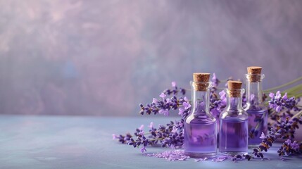 Small bottles with lavender oil, essence, copyspace. Generative AI