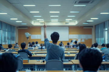 Back view of an Asian man raising his hand to a vista while a teacher gives a lecture in a classroom with students sitting at desks at the university