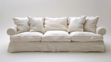 A cozy white fabric sleeper sofa, providing versatile functionality and comfort for overnight guests in a cozy den.
