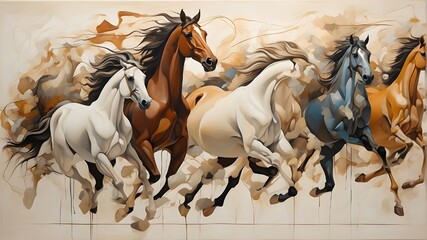 Amidst the abstract backdrop, the figures of animals, perhaps horses, emerge with grace and majesty. Their forms are rendered in fluid lines and expressive gestures, suggesting a sense of freedom and 