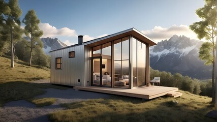 Perched on a gentle slope, the tiny home is strategically positioned to maximize sunlight and panoramic views of the mountains. Its compact footprint belies its innovative design, which incorporates s