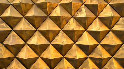 Golden geometric pattern on a triangular faceted surface. Modern and luxurious background for interior design and decorative concepts