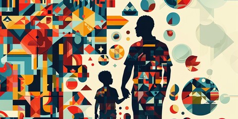 Father and child walking hand in hand in a geometric landscape
