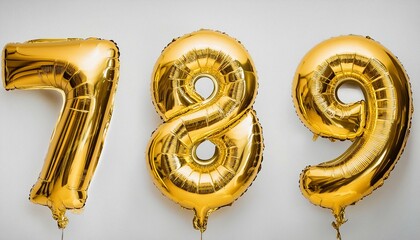 Birthday anniversary numbers 7, 8, 9 as helium golden balloons on a flat white background, super detailed realist