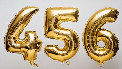 Birthday anniversary numbers 4,5,6 as helium golden balloons on a flat white background, super detailed realistic