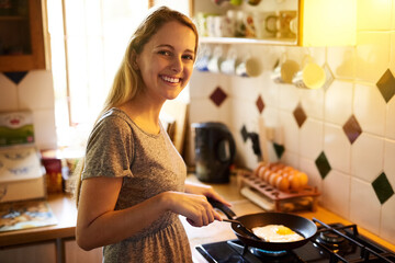 Portrait, egg or happy woman in kitchen cooking for food, wellness or nutrition for healthy dish....
