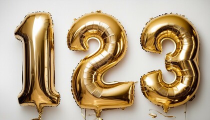 Birthday anniversary numbers 1, 2, 3 as helium golden balloons on a flat white background, super detailed realist