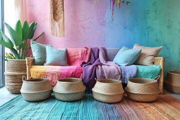 Scandinavian living room with a pastel rainbow wall featuring shades of pink, lavender, and mint,...