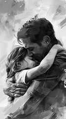 Black and white portrait of emotion hug of father and daughter