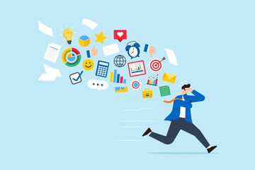 Frustrated businessman running away from flying social and work information, illustration information overload. Concept of overwhelmed by excessive distractions or overwork
