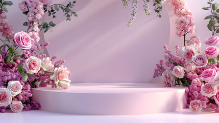 White pedestal surrounded by pink and white roses in a floral arch setup. Ideal for wedding and romantic event decoration concepts