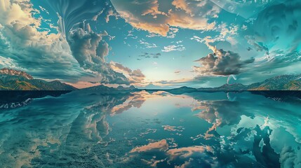 A beautiful landscape with a lake, mountains, and a cloudy sky