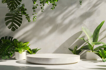 White marble pedestal with various potted plants in a sunlit room with leaf shadows on the wall. Ideal for product display and natural interior design concept