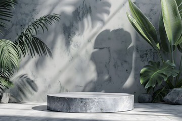 Concrete pedestal in a tropical garden with shadows of palm leaves on a textured wall. Ideal for product display and green living concept