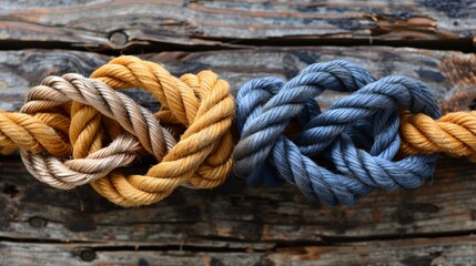 Obraz premium Team ropes of diverse strength connect in partnership to foster teamwork, unity, communication, and support.