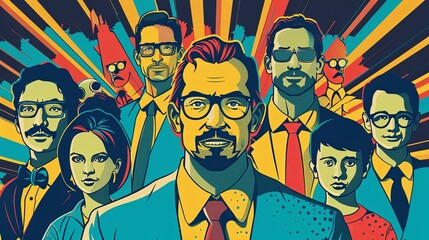 Corporate dynamism and teamwork captured in retro stylized art