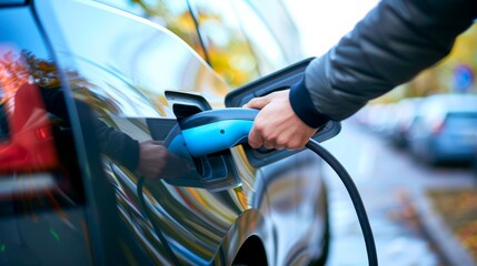 A close-up of a hand unplugging an electric car from a charging station, signaling readiness to hit the road emission-free.