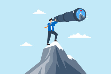 Ambitious businessman look through telescope focusing on mountain peak target, illustrating aiming high to achieve business goals. Concept of ambition, motivation, and determination to succeed