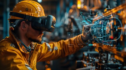 A construction worker using augmented reality glasses to access real-time data and instructions while assembling complex machinery on-site.