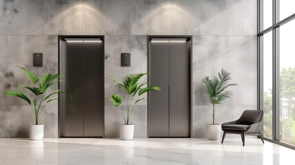 the modern office building interior, boasting sleek stainless steel elevator doors and walls adorned with luxurious beige marble tiles.