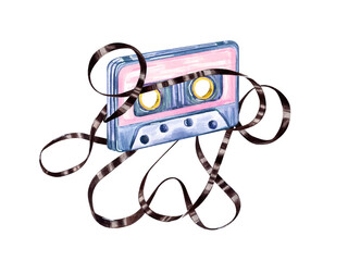 Old audiocassette with tangled tapes. Retro audio Cassettes in nostalgia style. Brown magnetic tape. Vintage multicolored Music compact Cassette. Audio equipment. Watercolor illustration