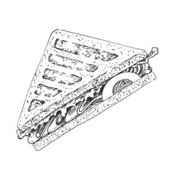 Obraz premium Sketch style grilled sandwich with egg, salad and bacon isolated on white background. Black and white illustration of sandwich. Fast food. Triangle bread drawing with hatching