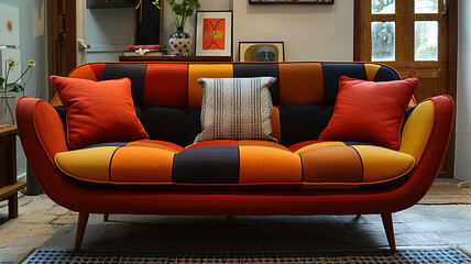 A mid-century modern sofa chair with tapered legs and geometric patterns, adding retro charm to a living space.
