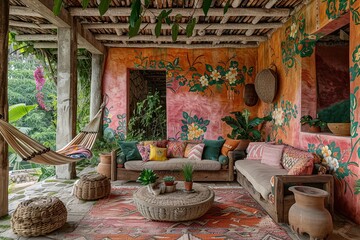 Tropical living room with vibrant floral patterned walls in shades of pink, orange, and green. Natural woven furniture and lush potted plants create a jungle vibe, while a woven
