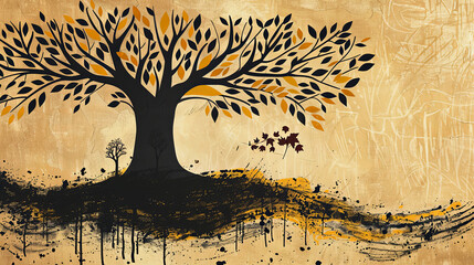 Stylized fall tree with textured grunge background in art