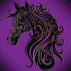 Black and gold ornamental horse head silhouette with vintage flowers leaves, beautiful mane on glowing violet background. Patterned isolated horse. Decorative ornate design