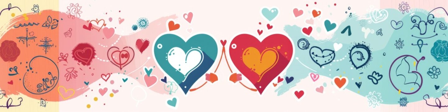Colorful bright infographic displaying love compatibility between zodiac signs, featuring heart symbols, match percentages, and romantic imagery