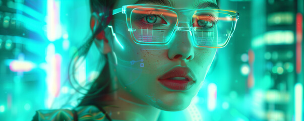 Futuristic woman with neon-lit glasses in cityscape