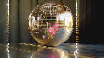 Glowing digital globe on a reflective surface.