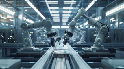 A futuristic industrial scene showcasing robotic arms and 3D printers working in harmony to manufacture advanced components.