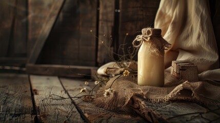 a bottle of milk adorned with burlap and jute, resting on a rustic wooden table against a backdrop of soft beige fabric.