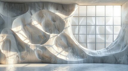 An airy room with a curvy abstract wall design lit by the soft light through a grid window, casting dynamic shadows