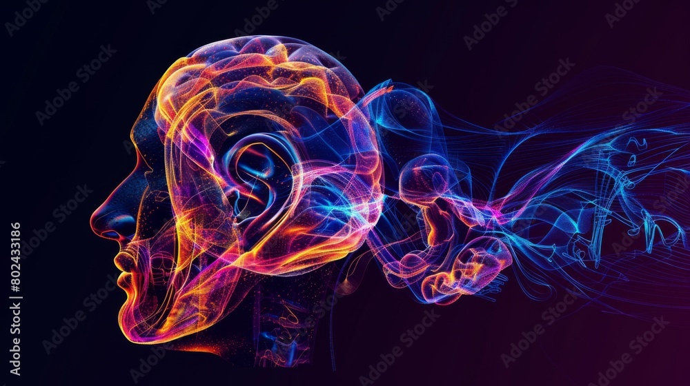 Wall mural a visually striking 3d rendering image illustrating the auditory pathway from the ear to the brain, 