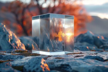 An icy cube on rugged terrain perfectly reflects the warmth of a sunset, contrasting with the cold, textured stone surface surrounding it