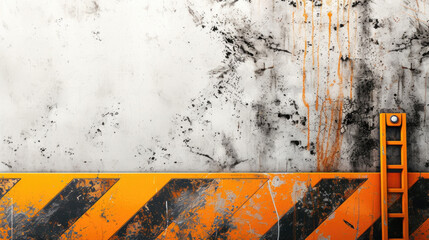 Grunge white and black construction building empty wall background with orange and black line stripes for danger, a warning hazard symbol, a ladder, and copy space for text display