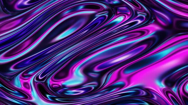 Abstract fluid texture of swirling liquid chrome metal waves with motion light effect. Seamless looping video. 4k psychedelic hypnotic graphics dynamic dark holographic background