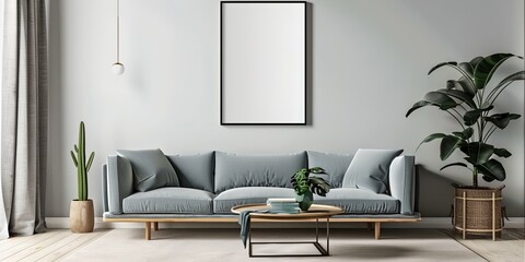 living room with a couch and a table with a plant in it and a mock-up picture frame on the wall