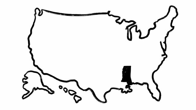 Scribble animated poster with black and white map of the USA and Mississippi state in package of stop motions. Isolated hand drawn borders of America and part of its territory. Learning Geography