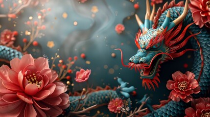 Digital artwork of a majestic red dragon, its scales gleaming as it roams through a fiery, mystical landscape..