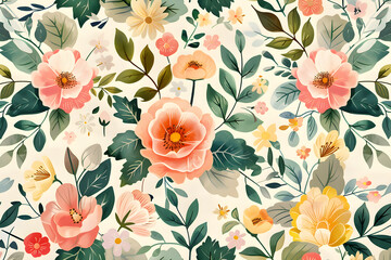 Lovely and uncomplicated floral pattern with dainty blossoms and leafy vines in gentle shades of pink, green, and yellow, exuding warmth and serenity. Suitable for decoration and art. - obrazy, fototapety, plakaty
