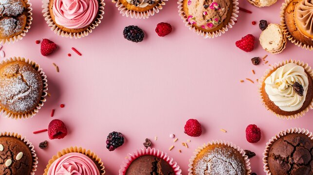 Frame made of delicious muffins decorated with fresh fruits with copy space in the middle on pink background