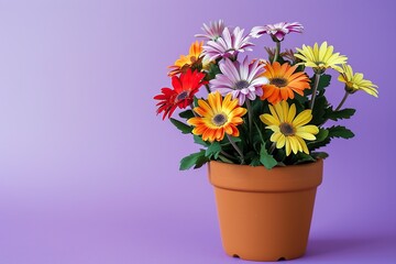 Fresh daisy flowers in pot on purple background