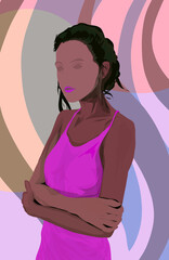 a young woman wearing a pink tank top with folded hands posing against a colorful wavy abstract background