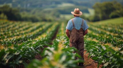 Fototapeta premium A man wearing a straw hat stands in a field
