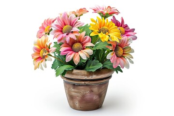 Fresh daisy flowers in pot on white background