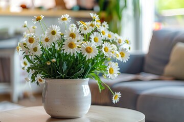 Bouquet of daisy flowers in flowerpot on table in living room